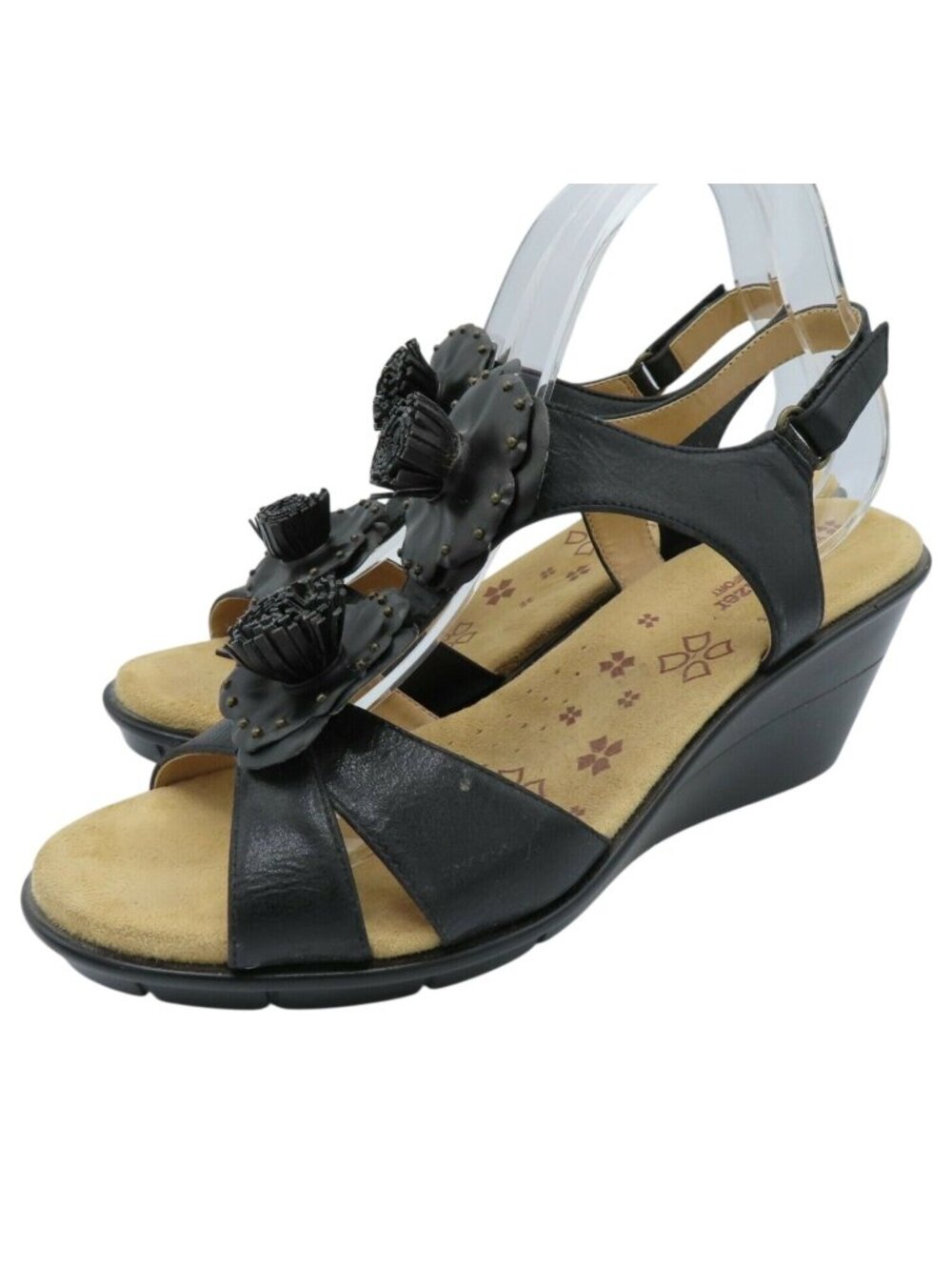 Naturalizer 10 M Comfort Explorer Womens Black Faux Leather Flower Wedge Sandal